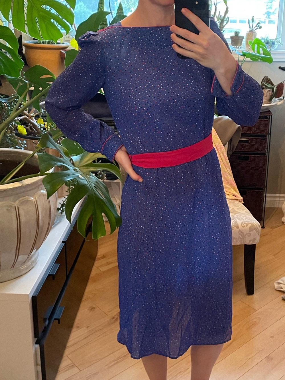 Vintage Blue Polka Dot Long-Sleeve Midi Dress with Pink Removable Belt
